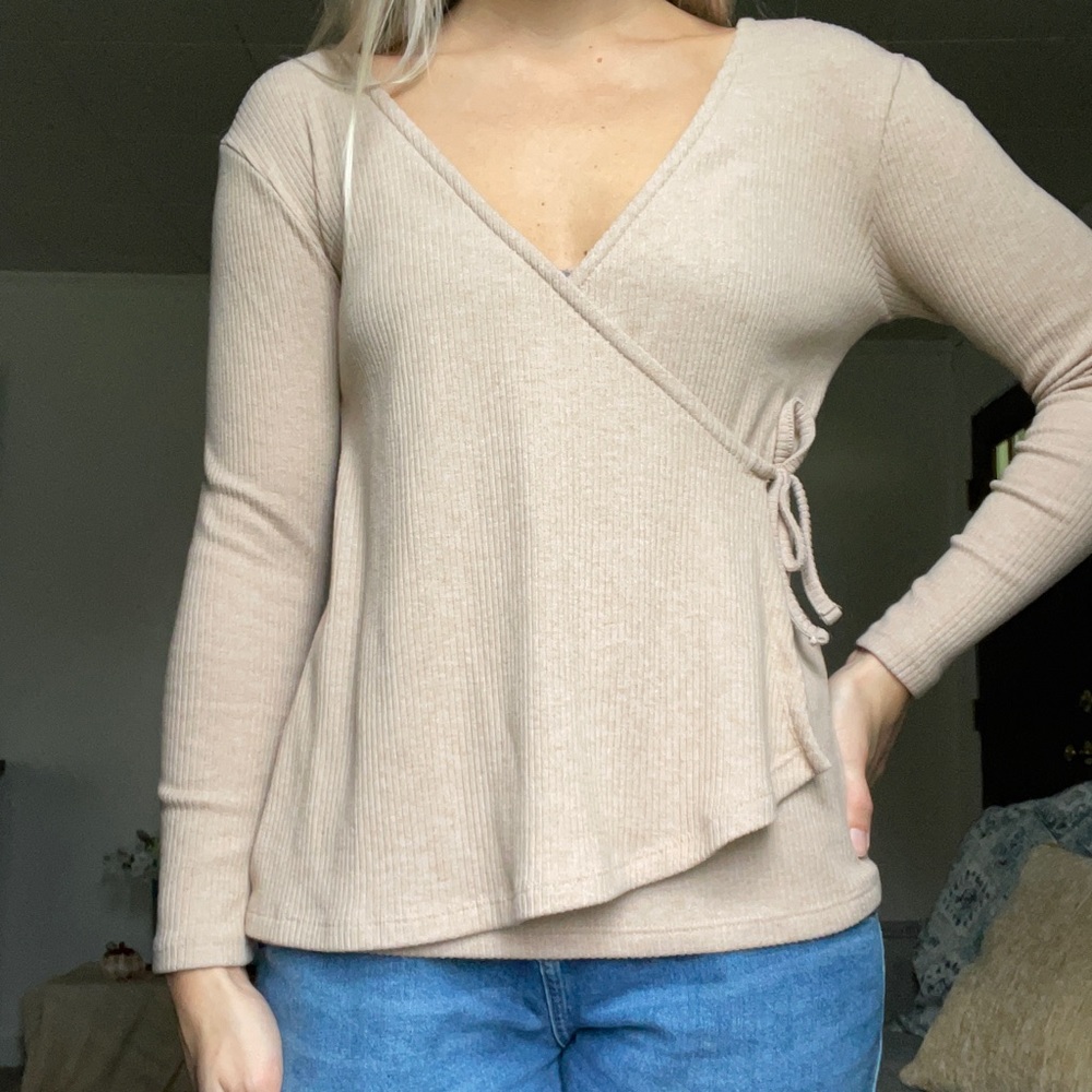 Tan Long Sleeve Wrap Sweater